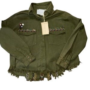 Beautiful Stories XS Women’s Olive Green Embroidered Utility Jacket Fringe Hem